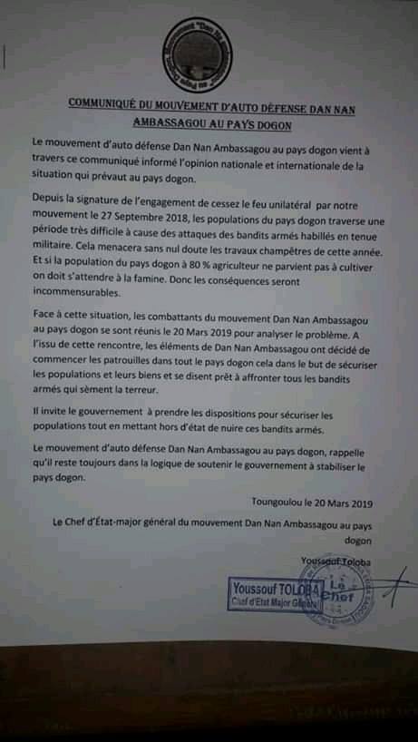 Le communiqué qui suit, est signé par Youssouf Toloba chef de la milice Dogon Dan Nan Ambassagou accusée d'être à l'origine du massacre de 135 peuls du village de Ogossagou.